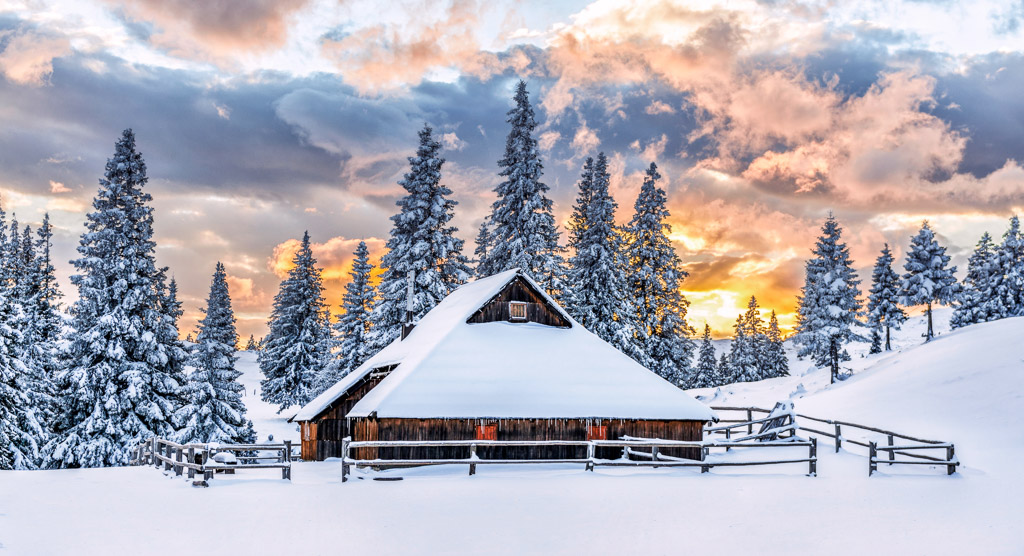 velika planina cottage slovenia winter house sunset colorful evening photography