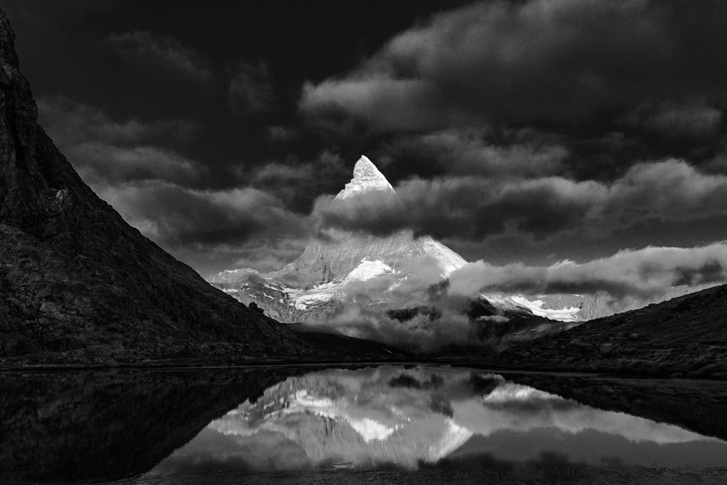 matterhorn switzerland alpine lake black and white photography