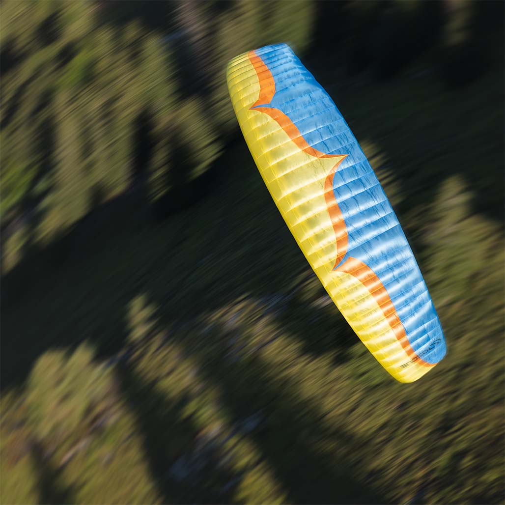 paraglider wing going fast above the pine trees